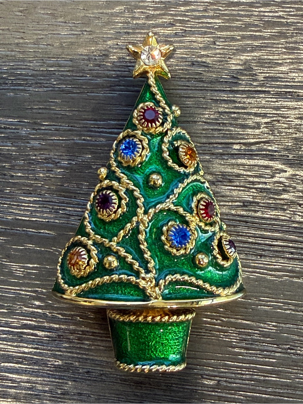 Vintage Weingeroff Green Enamel Christmas Tree Pin Brooch Crystal Earrings Shiny
